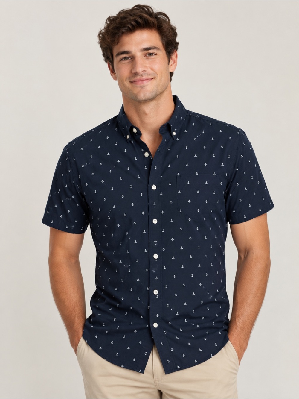 ✴️New✴️Produkt Navy Anchor Print Short Sleeve Button-Down Shirt (Large)
